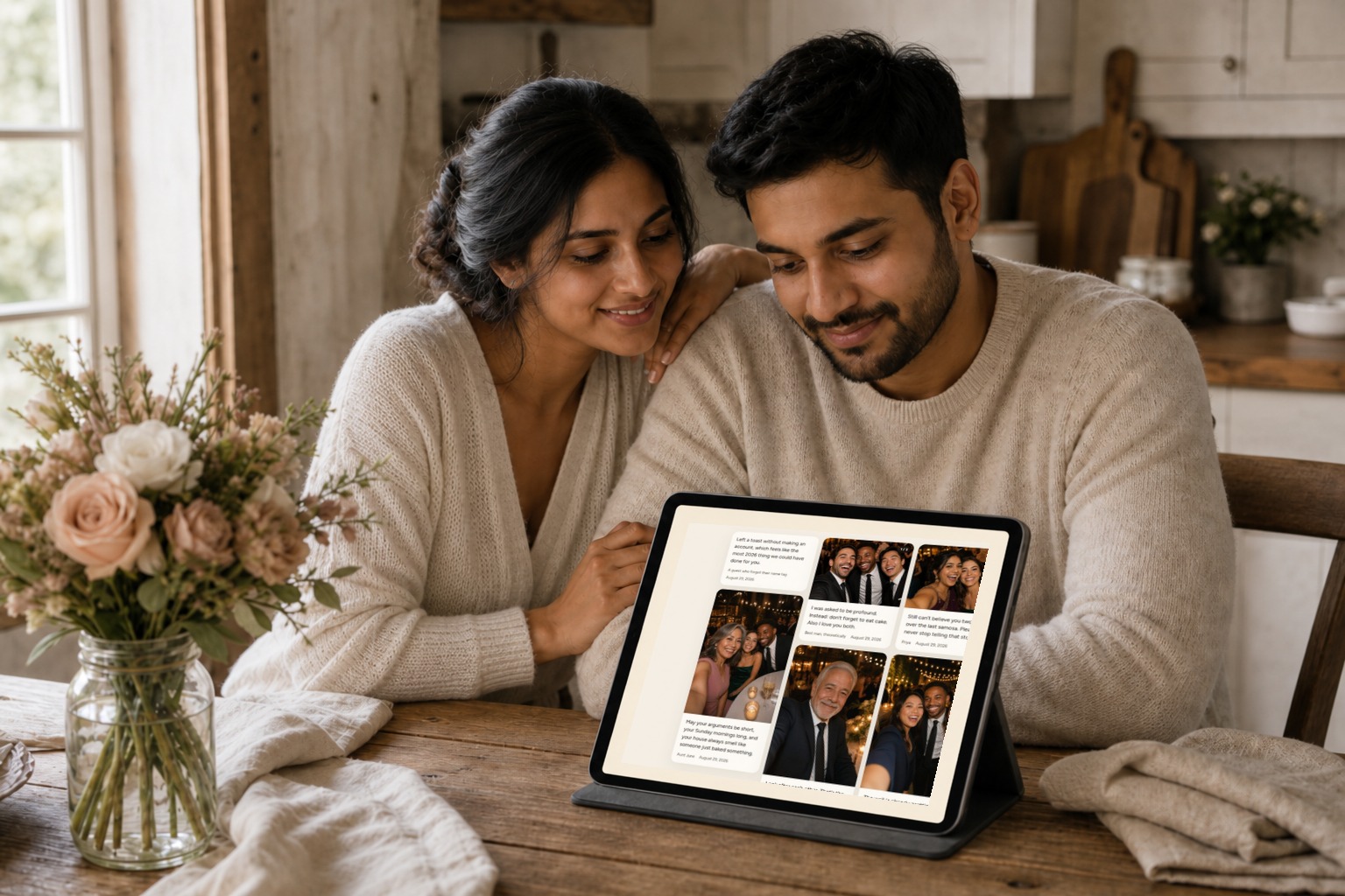 Maya and James in casual clothes at a kitchen table the morning after their wedding, scrolling through their Willow Book guestbook on a tablet beside a mason jar of leftover flowers