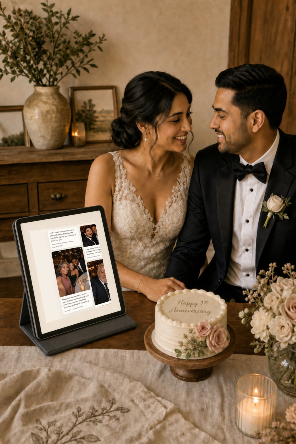 Maya and James at home on their first anniversary, looking at the same Willow Book guestbook on a tablet beside a small cake and a few flowers