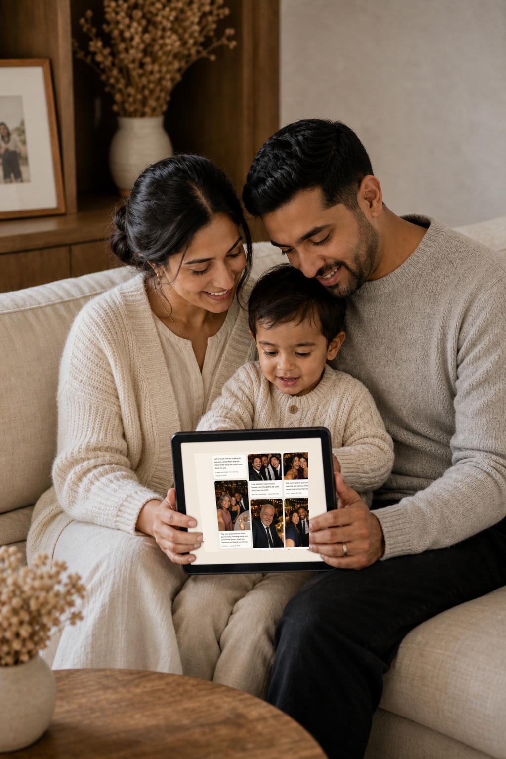 Maya and James on a sofa with a small child, all three looking at the Willow Book guestbook on a tablet together