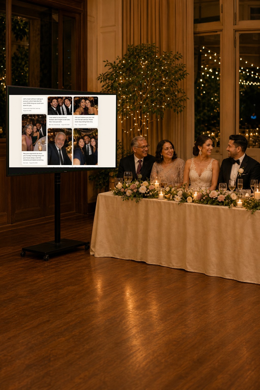 A closer view of the family table, with a TV beside it showing the live Willow Book guestbook wall of guest photos and notes