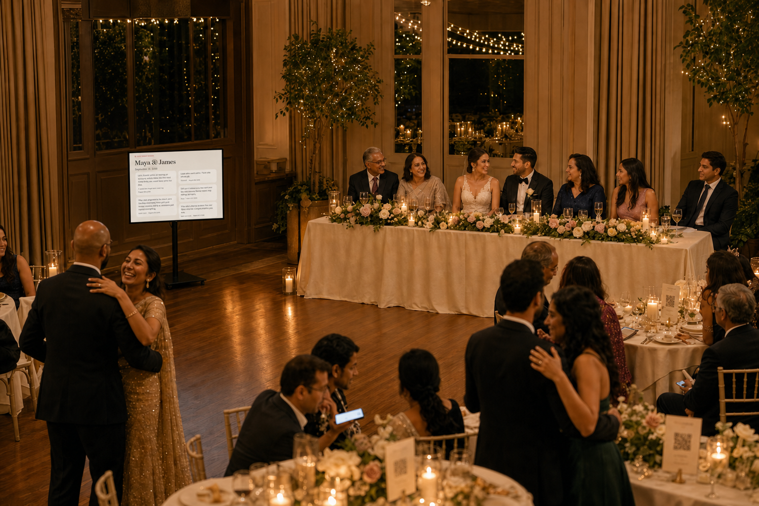 The bride, groom, and family sitting at the head table, with a TV to the left showing the Willow Book live guestbook, a dance floor in front, and guests at tables beyond