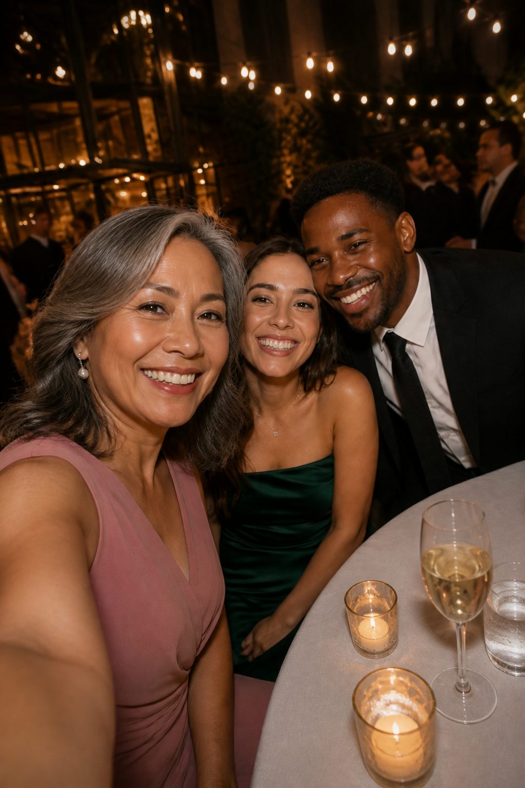 A wedding guest smiling warmly at the reception
