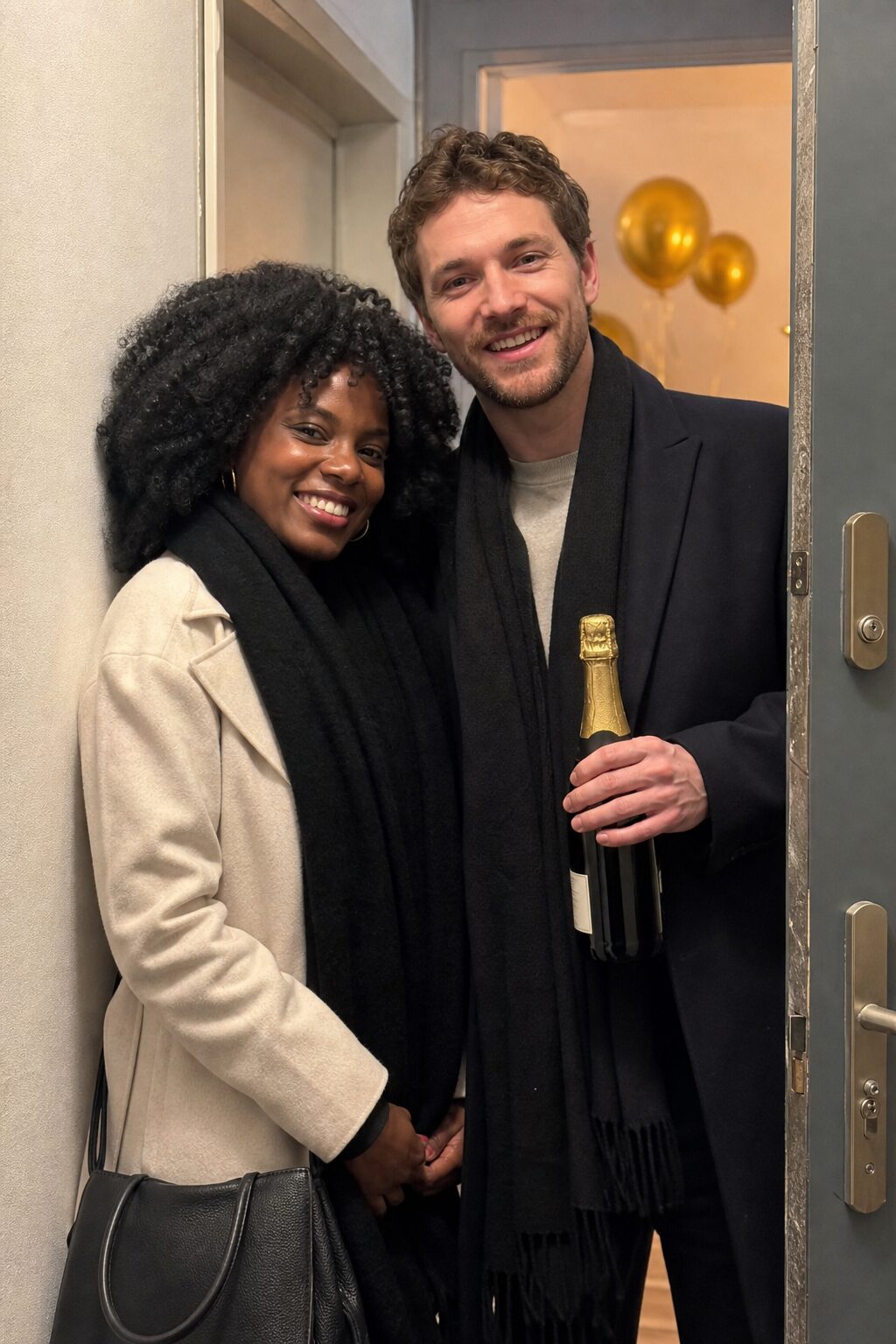 Two guests arriving with champagne, smiling in a doorway