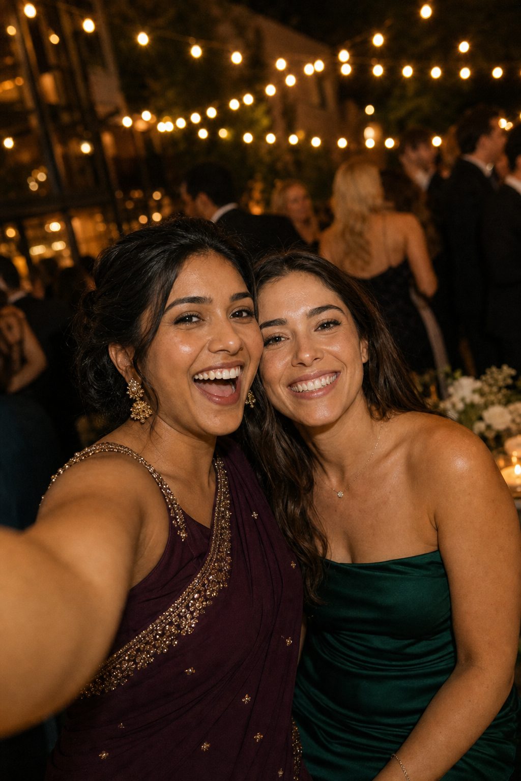 A wedding guest smiling at an evening reception