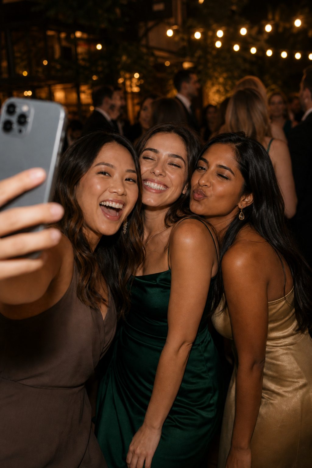 Wedding guests laughing together at the reception