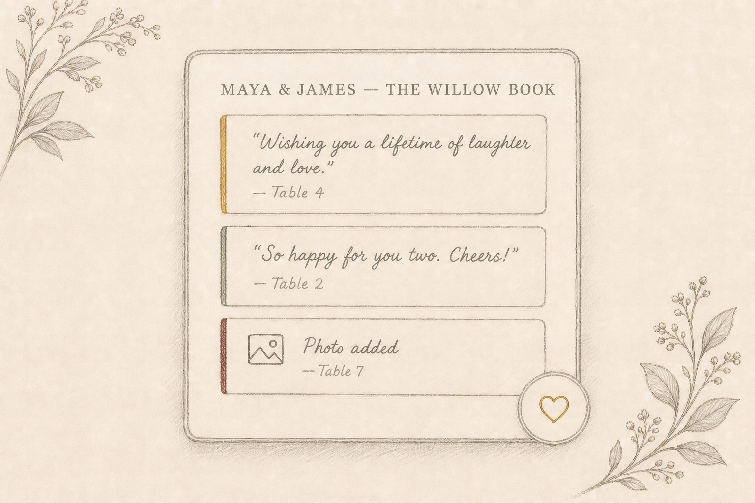 A simplified Willow Book guestbook showing stacked guest message cards with gold, olive, and oxblood accent bars