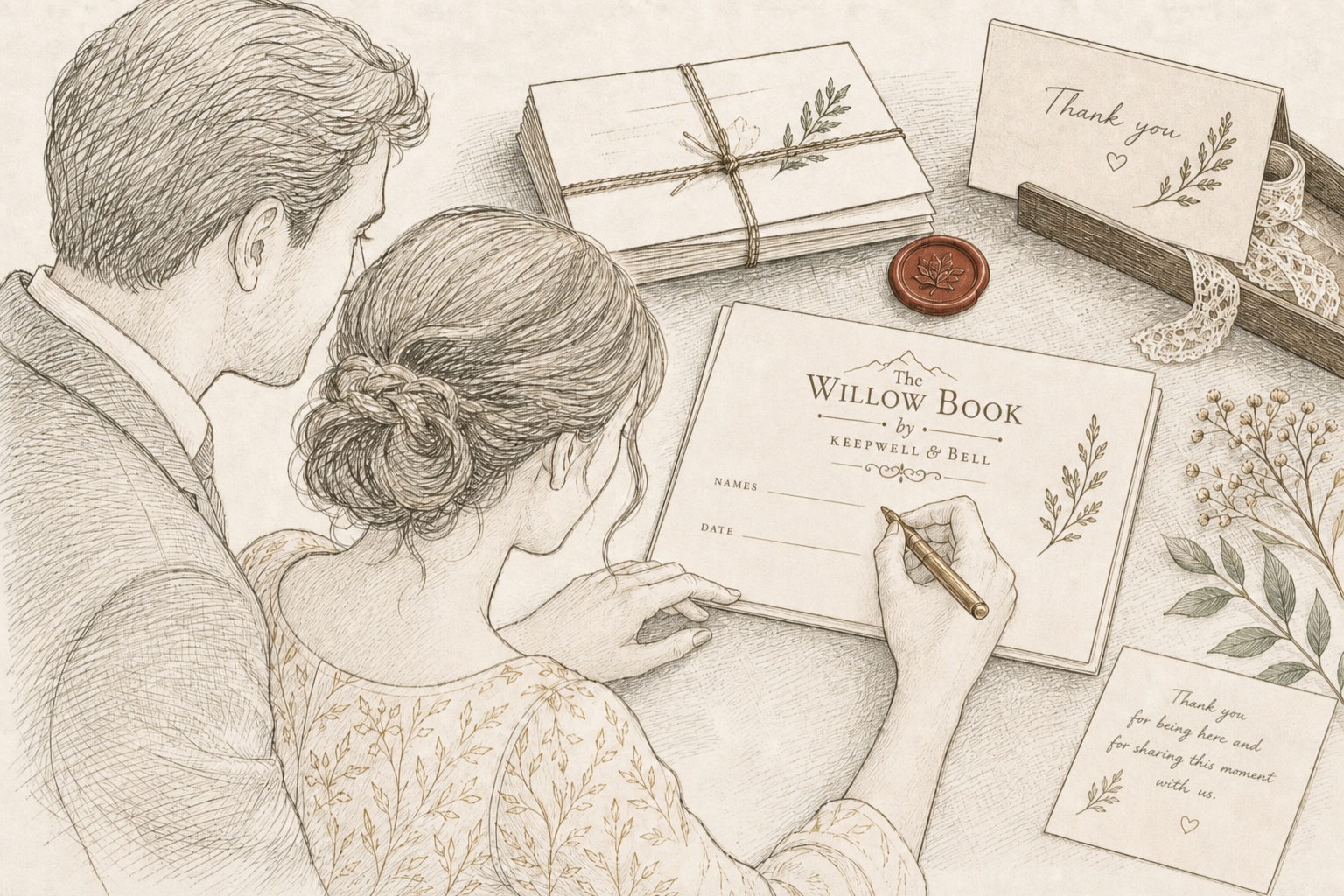 A couple fills in a cream Willow Book with names and date, surrounded by stationery and botanical sprigs