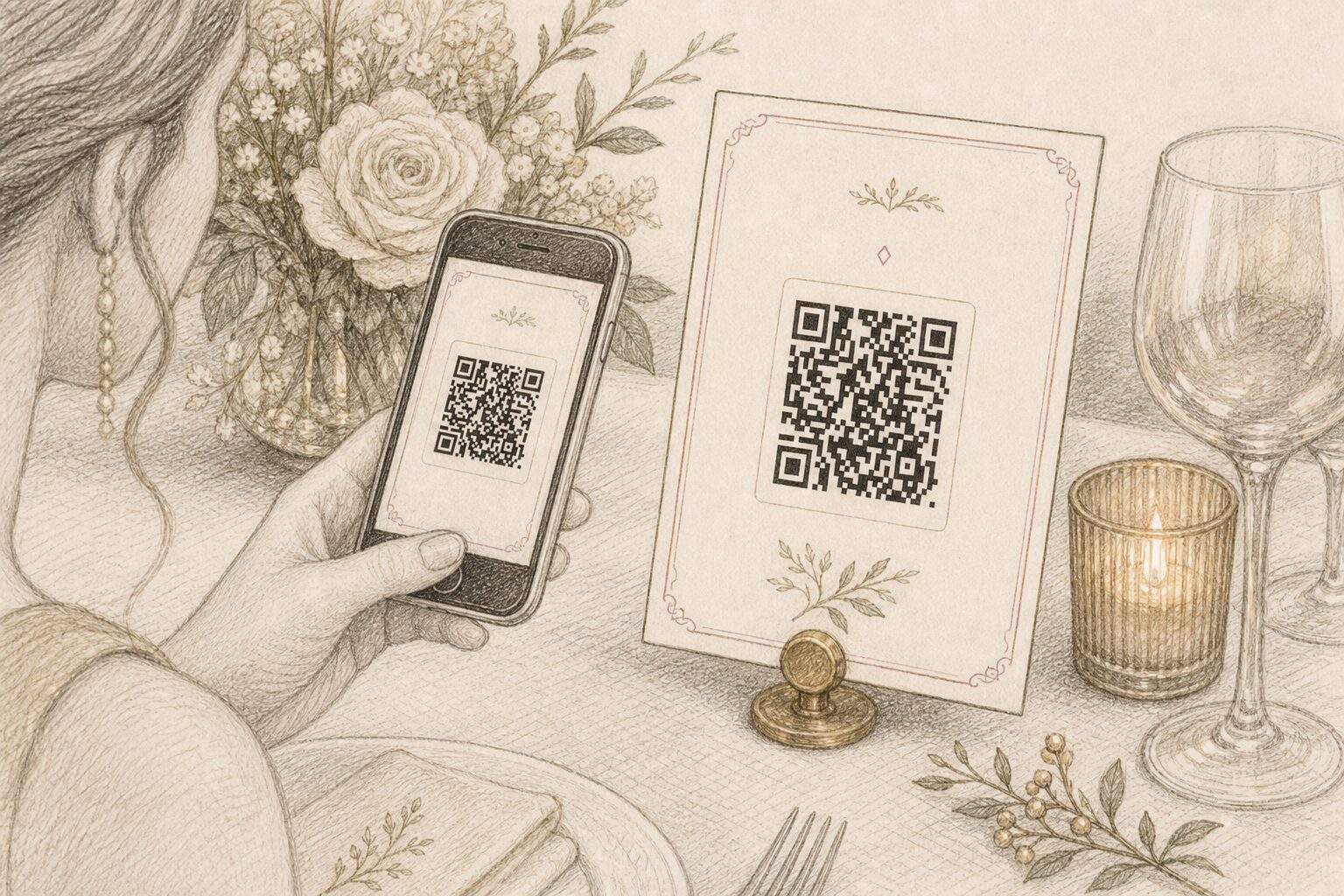 A guest holds a phone to scan a printed cream QR code card standing on a reception table